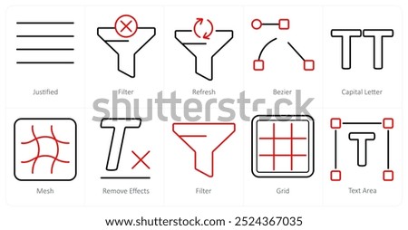 A set of 10 editing tools icons as justified, filter, refresh