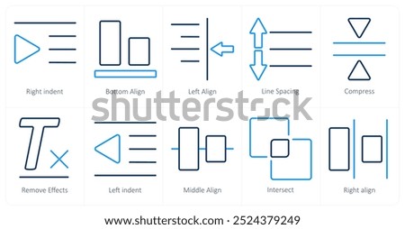 A set of 10 editing tools icons as right indent, bottom align, left align