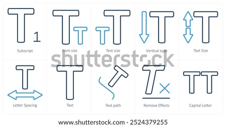 A set of 10 editing tools icons as subscript, font size, text size