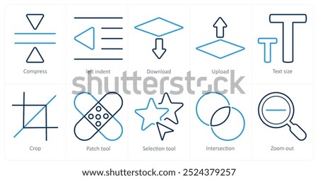 A set of 10 editing tools icons as compress, left indent, download