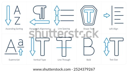 A set of 10 editing tools icons as ascending sorting, paragraph alignment, line spacing