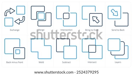 A set of 10 editing tools icons as exchange, merge, intersection