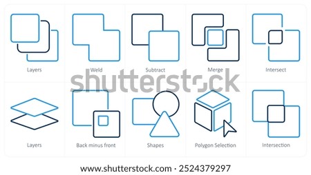 A set of 10 editing tools icons as layers, weld, subtract