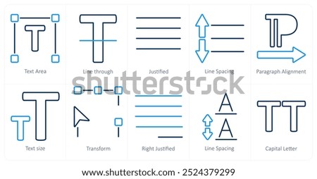 A set of 10 editing tools icons as text area, line through, justified