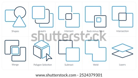 A set of 10 editing tools icons as shapes, layers, intersect