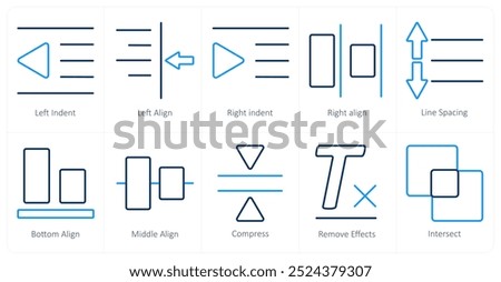 A set of 10 editing tools icons as left indent, left align, right indent