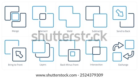 A set of 10 editing tools icons as merge, intersect, weld