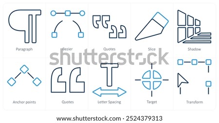 A set of 10 editing tools icons as paragraph, bezier, quotes