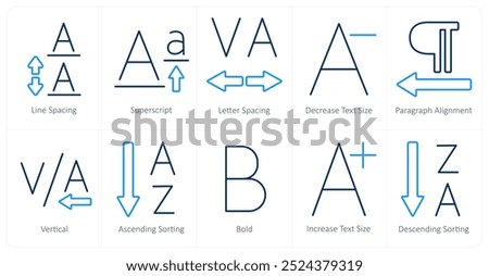 A set of 10 editing tools icons as line spacing, superscript, letter spacing