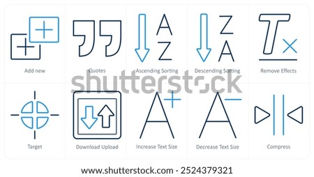 A set of 10 editing tools icons as add new, quotes, ascending sorting