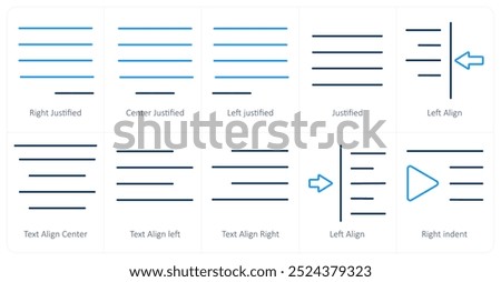 A set of 10 editing tools icons as right justified, center justified, left justified