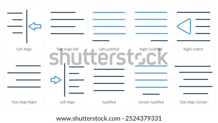 A set of 10 editing tools icons as left align, text align left, left justified