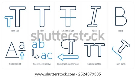 A set of 10 editing tools icons as text size, text, line through, italic