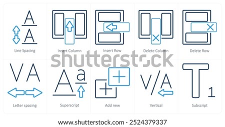 A set of 10 editing tools icons as line spacing, insert coloumn, insert row