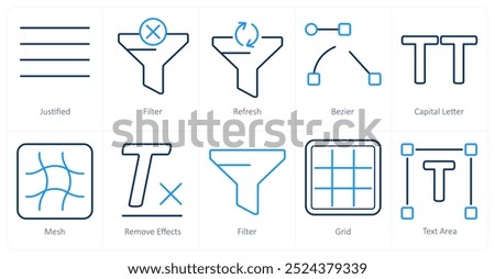 A set of 10 editing tools icons as justified, filter, refresh