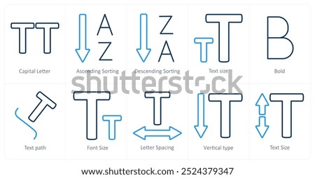 A set of 10 editing tools icons as capital letter, ascending sorting, descending sorting