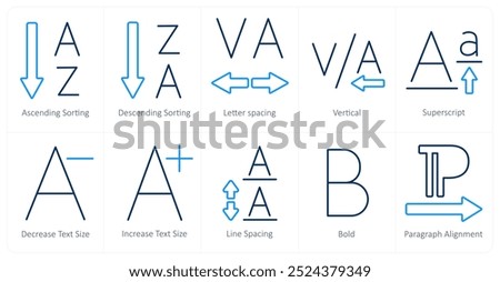 A set of 10 editing tools icons as ascending sorting, descending sorting, letter spacing