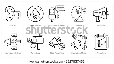 A set of 10 ads and marketing icons as viral ad, ad prohibited, mic advertisement