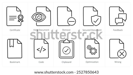 A set of 10 File icons as certificate, view document, remove