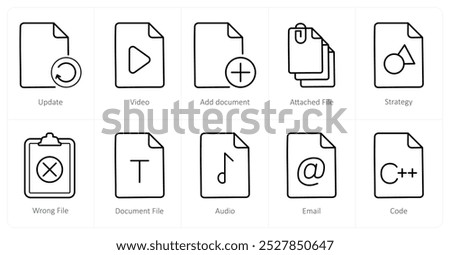 A set of 10 File icons as update, video, add document