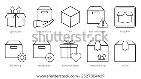 A set of 10 mix icons as upload box, foward parcel, box