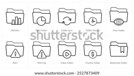 A set of 10 Folder icons as statistics, data folder, folder sync