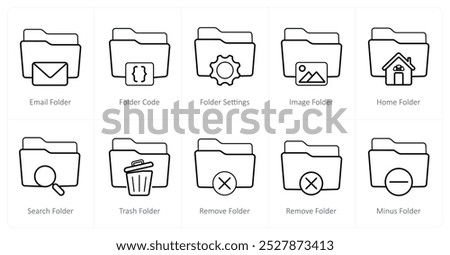 A set of 10 Folder icons as email folder, folder code, folder settings