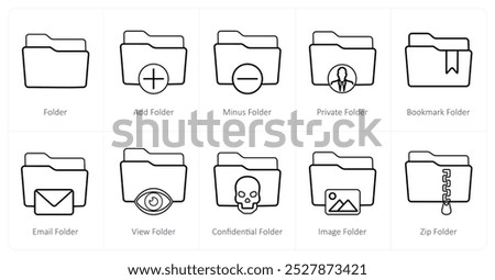 A set of 10 Folder icons as folder, add folder, minus folder