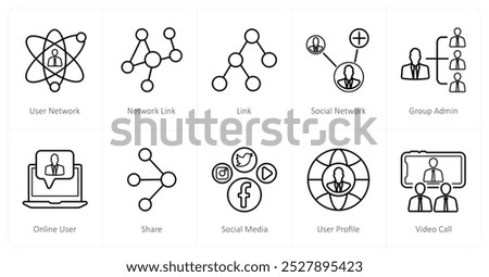 A set of 10 social icons as user network, network link, lin