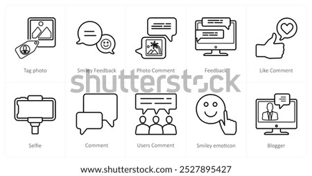 A set of 10 social icons as tag photo, smiley feedback, photo comment