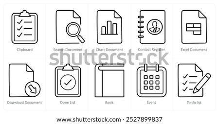 A set of 10 ui icons as clipboard, search document, chart document