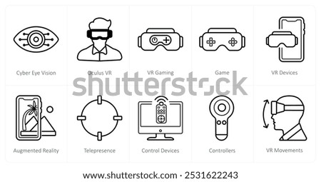 A set of 10 Virtual Reality icons as cyber eye vision, oculus vr, vr gaming