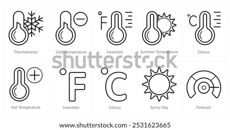 A set of 10 Weather icons as thermometer, cold temperature, fahrenheit