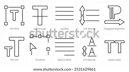 A set of 10 editing tools icons as text area, line through, justified