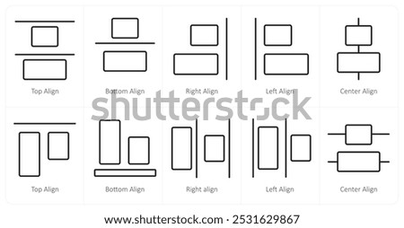 A set of 10 editing tools icons as top align, bottom align, right align