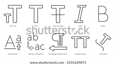 A set of 10 editing tools icons as text size, text, line through, italic