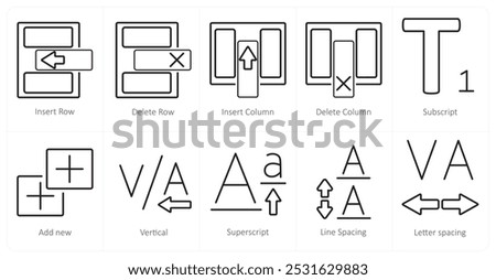 A set of 10 editing tools icons as insert row, delete row, insert coloumn