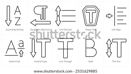 A set of 10 editing tools icons as ascending sorting, paragraph alignment, line spacing