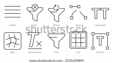 A set of 10 editing tools icons as justified, filter, refresh