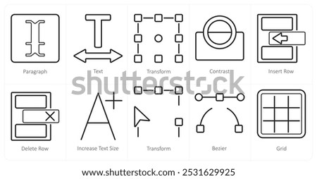 A set of 10 editing tools icons as paragraph, text, transform