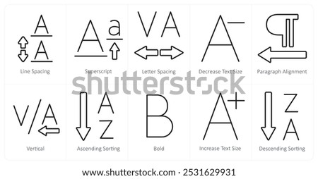 A set of 10 editing tools icons as line spacing, superscript, letter spacing