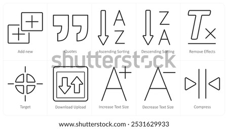 A set of 10 editing tools icons as add new, quotes, ascending sorting