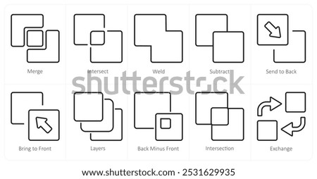 A set of 10 editing tools icons as merge, intersect, weld