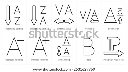 A set of 10 editing tools icons as ascending sorting, descending sorting, letter spacing