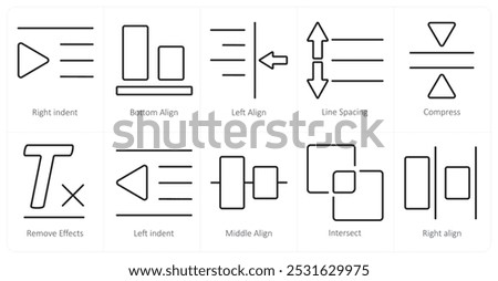 A set of 10 editing tools icons as right indent, bottom align, left align