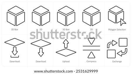 A set of 10 editing tools icons as 3d box, 3d, polygon selection