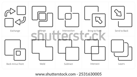 A set of 10 editing tools icons as exchange, merge, intersection