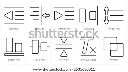 A set of 10 editing tools icons as left indent, left align, right indent