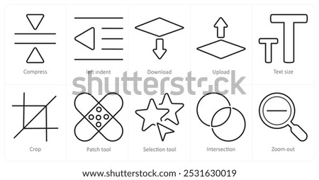 A set of 10 editing tools icons as compress, left indent, download