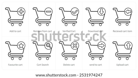 A set of 10 cart icons as add to cart, remove from cart, verified cart